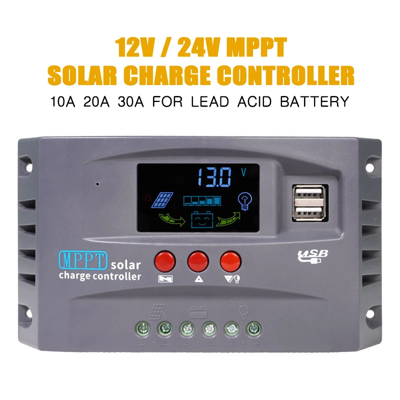

Smart MPPT Solar Controller 12V 24V 10A 20A 30A PV Charge Controller Regulator Battery Charger Color LCD Display Dual USB 5V DC