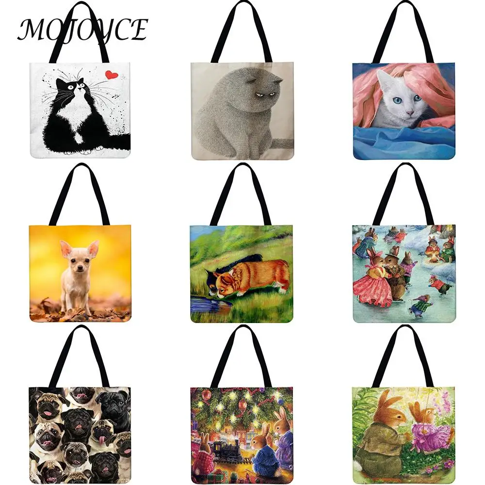 

Portable Folding Shopping Bag Linen Animal Print Foldable Shopper Shoulder Bag Leisure Handbag for Outdoor Travel