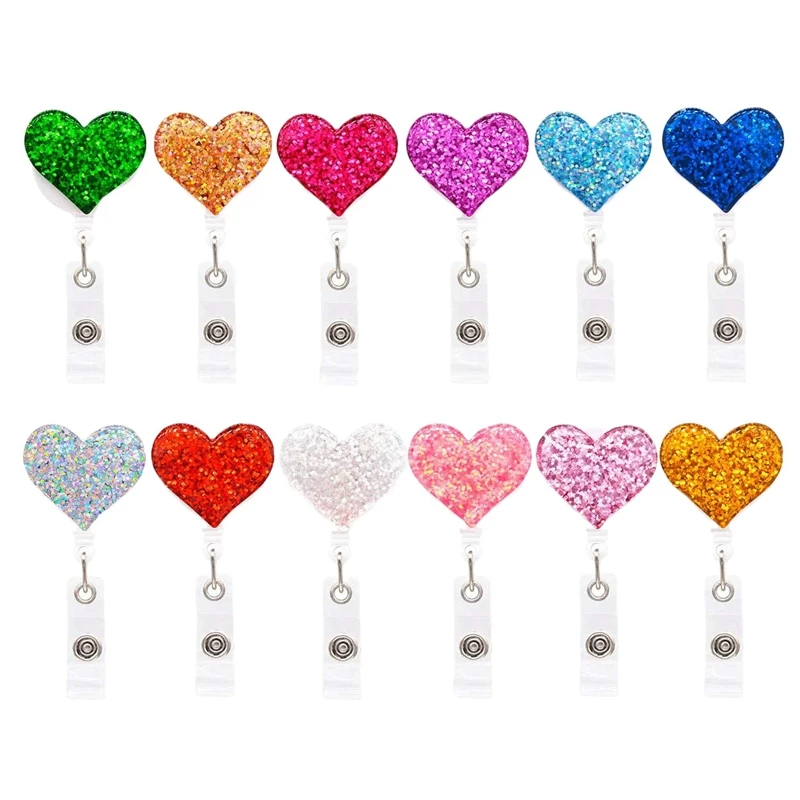 

12 Pack Heart Retractable Badge Reels, ID Badge Holder With Alligator Clip, 24Inch Easy Retracting Cord