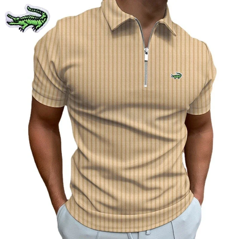 

Мужская хлопковая рубашка-поло в полоску, с вышивкой