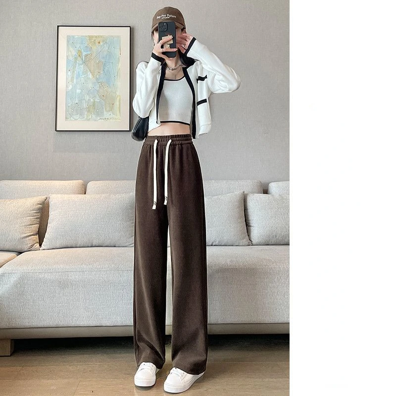 Coffee Color Corduroy Wide-Leg Pants Women's Spring/Autumn/Winter Casual Straight-Leg Chenille Long Pants Women Joggers Women