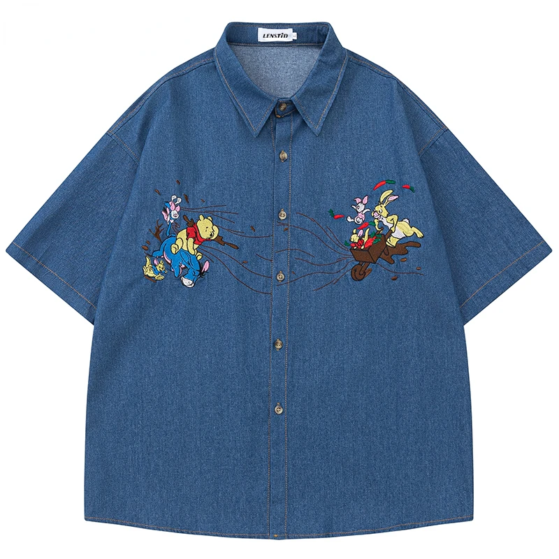 

Рубашка мужская джинсовая на пуговицах, короткий рукав, графическая вышивка, Повседневная хлопковая уличная одежда в стиле хип-хоп, Харадзю...