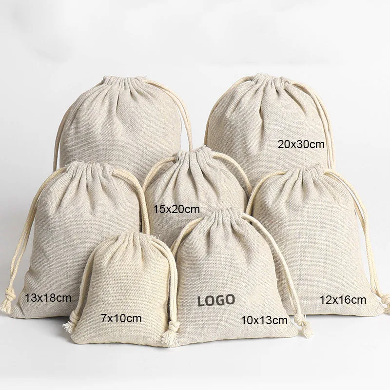 Wholesale 50PCS Natural Cotton Linen Drawstring Bag for Beads Tea Nut Sweets Container Gift Packaging Pocket Custom Logo Pouch