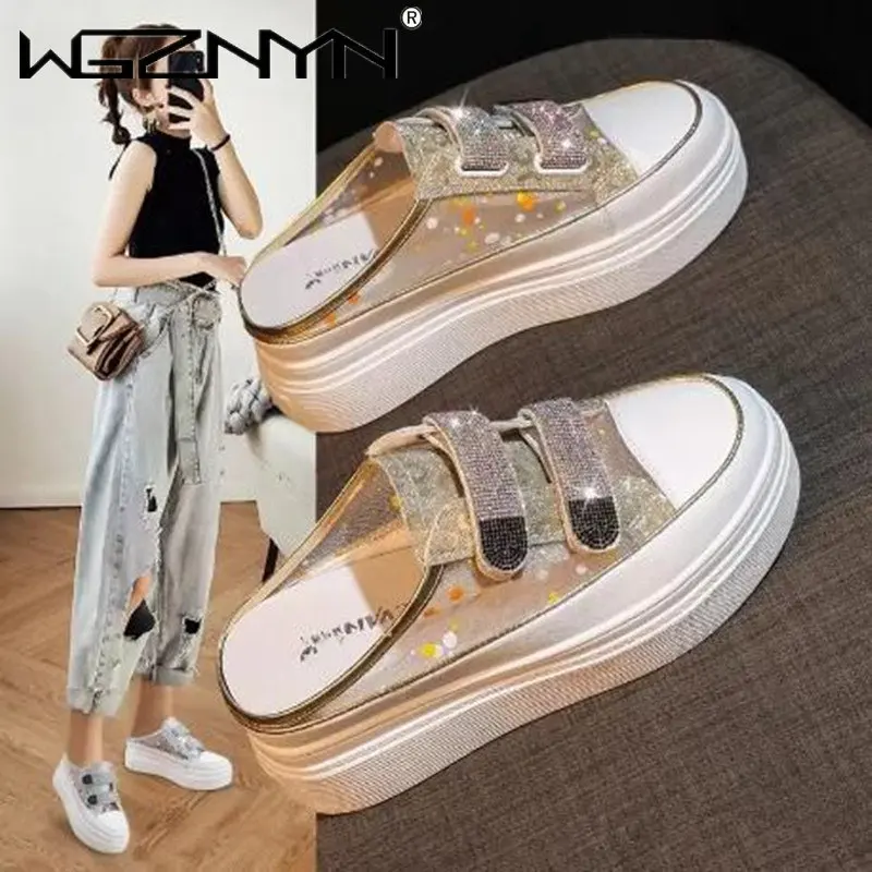 

Fashion Slip-on Lazy Mesh Breathable Outer Wear Semi-slippers Women's Thick Sole with 8cm Height Increase White Shoes Sneakers