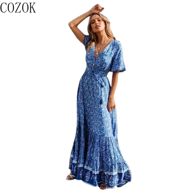 COZOK Summer Women's Bohemian V-neck High Waist Loose Large Skirt Short Sleeve Dress Vacation Seaside Long Dress