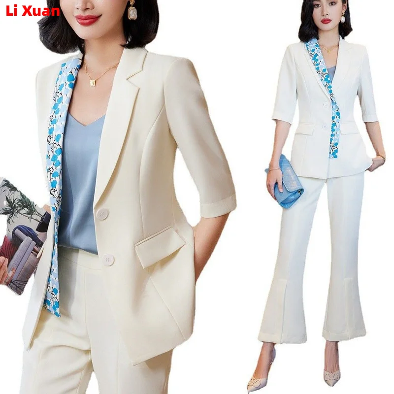 High Quality Korean Spring Suit Single Breasted Slim Print Casual Women Office Blazer Jackets Wide Leg Pants Set Femme 2 Piece