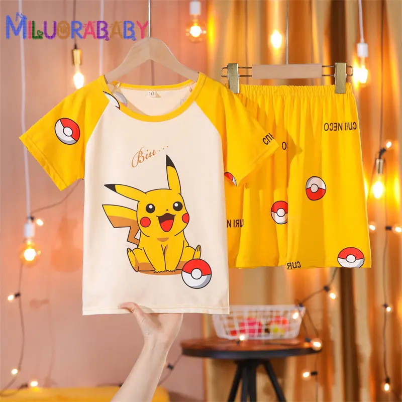 

Summer Pikachu Cartoon Pajamas Set Children Boy Girl Suit Short-sleeve Cotton Pokemon Sleepwear Pullover Nightwear Homewear Set