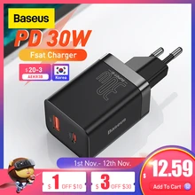 Baseus PD Charger 30W USB Type C Fast Charger QC3.0 USB C Quick Charge 3.0 Dual Port Phone Charge for iPhone 14 13 X Xs Macbook