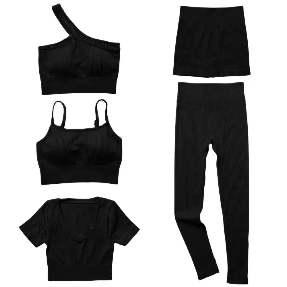 1 Piece Yoga Set Women's Gym Seamless Sport Clothing One Shoulder Sling Bra Shorts Short Sleeve Skinny Pants Set Sportswear Suit