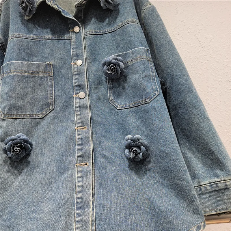 202 трехмерная джинсовая рубашка с длинными рукавами и лацканами в виде розы