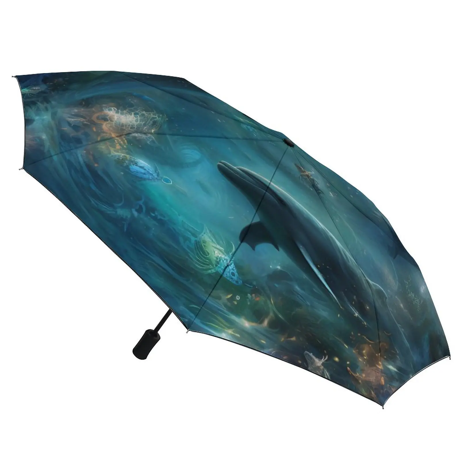 Dolphin 3 Fold Auto Umbrella Harmonious  Mystical Realms Wind Resistant Umbrella Black Coat Portable Umbrellas for Male Female