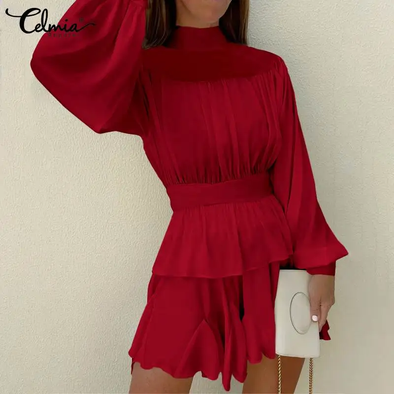 

Celmia Elegant Party Dress 2022 Women Fashion Long Puff Sleeve High Collar Satin Sundress Layered Hem Pleated Short Mini Vestido