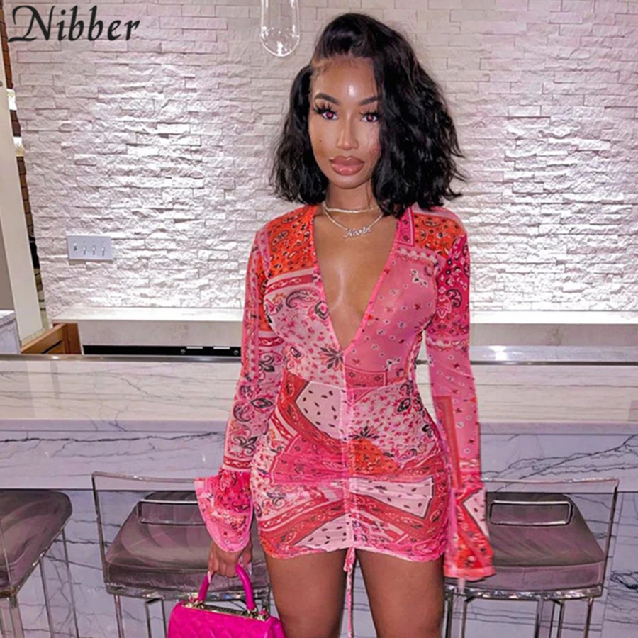 

Nibber Zomer Sexy Retro Print Neon Vrouwen Jurk V-hals Lange Mouwen Mode Kleding Casual Party Bodycon Mini Jurk 2021 nieuwe