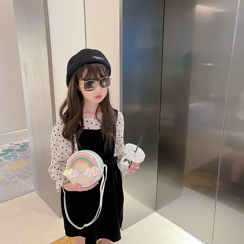 Cute Rainbow Children's Shoulder Bags Lovely Pink Baby Girls Sequins Messenger Bag Princess Accessories Small Round Handbags