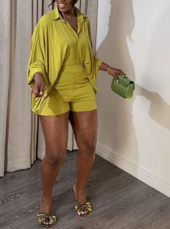 Женский Повседневный комплект из двух предметов Однотонная рубашка с отложным