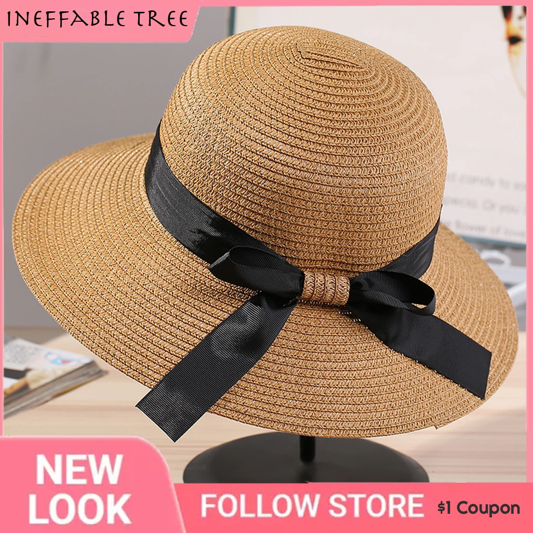 

Summer Korean Style Woman Straw Bow Ribbon Small Brim Sunshade INS Celebrity Outing Fashion Beach Holiday Femme Caps