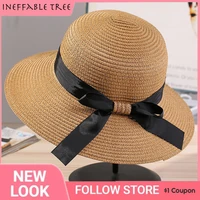 summer korean style woman straw bow ribbon small brim sunshade ins celebrity outing fashion beach holiday femme caps