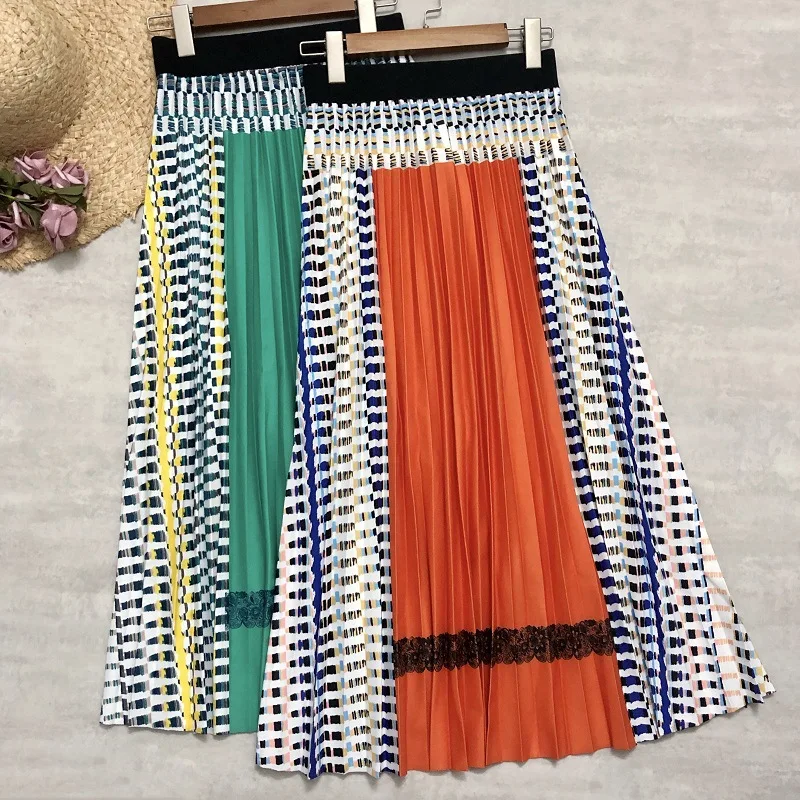 

Autumn Drape Contrast Color Plaid Printed A-line Pleated Long Skirts Spring Elegant Green/Orange Color Block Calf Long Skirts