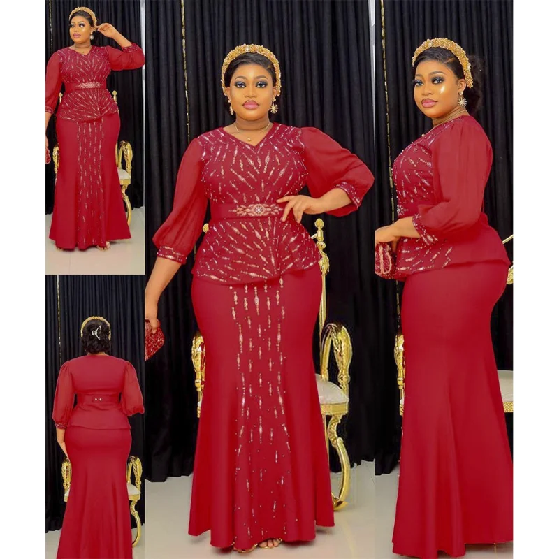 Elegant Women Dress Sets Luxury Beaded Long Sleeve Ruffle Tops and Mermaid Skirt Vintage Retro Birthday Evening 2 Piece Outfits