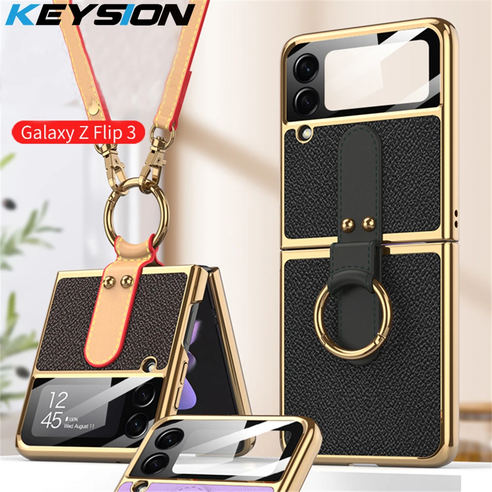 

KEYSION PU кожаный чехол для Samsung Galaxy Z Flip 3 5G с кольцом ремешок роскошное покрытие PC чехол для телефона для Galaxy Z Flip 3 5G