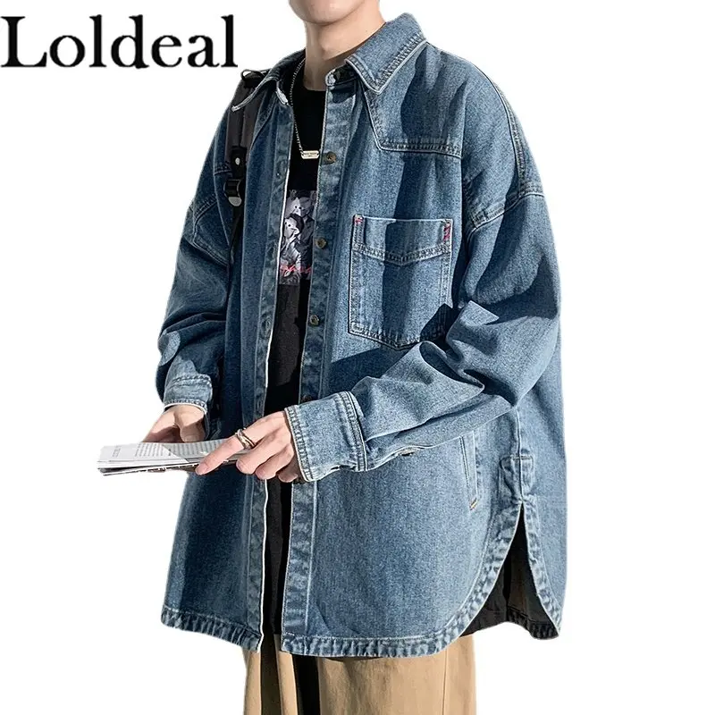 

Men Logger Twill Long Sleeve Workshirt Denim Slit Coat