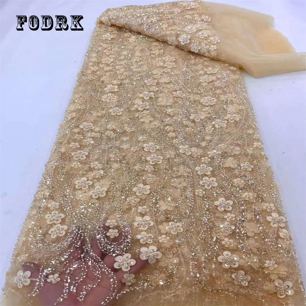 

2023 Rose Luxury Elegant Beaded Lace Fabric African Tulle Fabric with Sequins Embroidery French Mesh Lace Bride Wedding