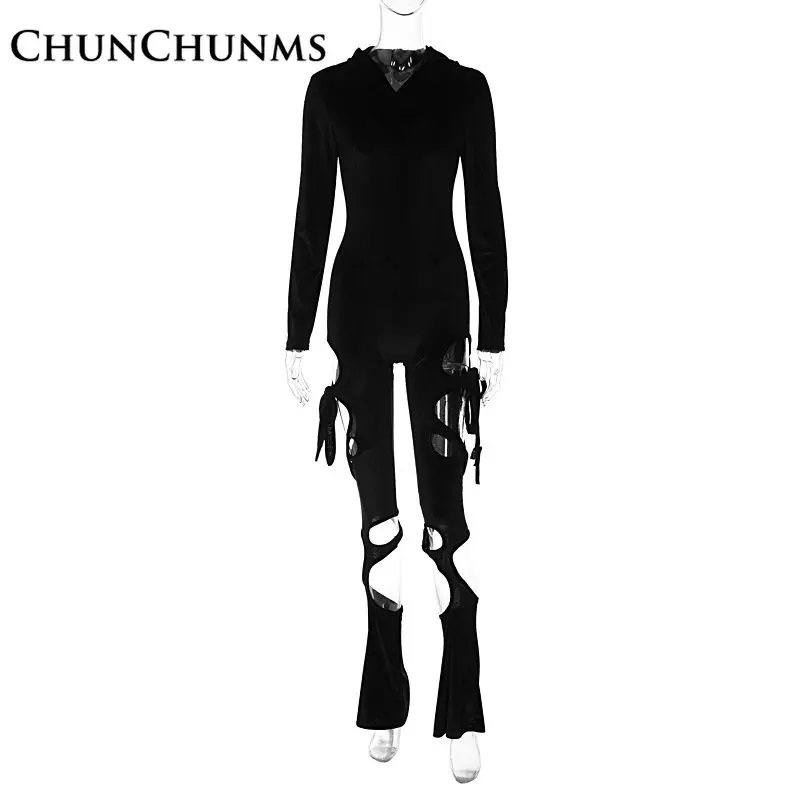 Sexy Black Velvet Lace-up Hollow Out Jumpsuit Hooded Women Slim Lifting Hip Romper Club Party Outfit Tight One Piece Pant 2023