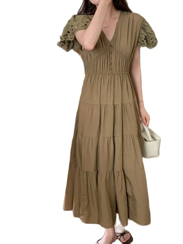 

Casual Dress V-Neck Lace Stitching Small Flying Sleeves High Waist A-Line Skirt 2022 Summer Fashion Women'S Clothing