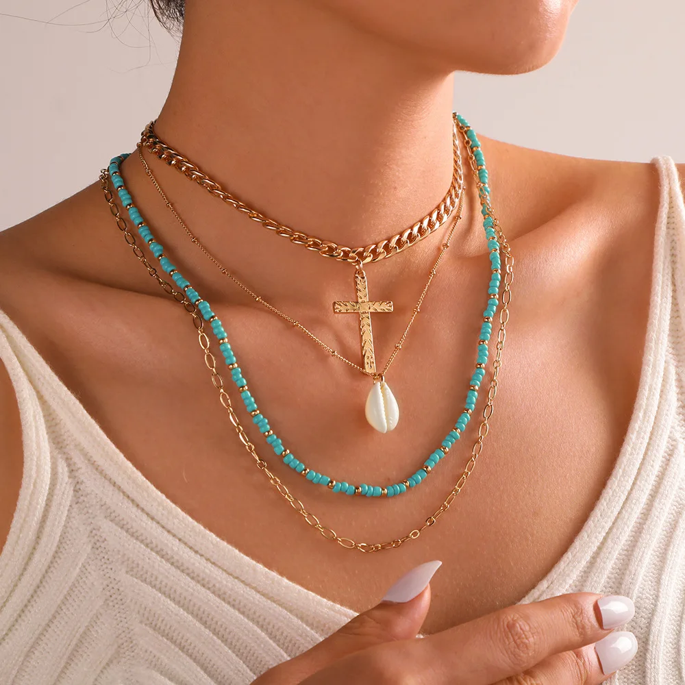 

Bohemia Blue Rice Beads Necklace Women Gold Chain Cross Shell Layered Accessories for Girls Aesthetic Gifts Fashion Pendant 2022