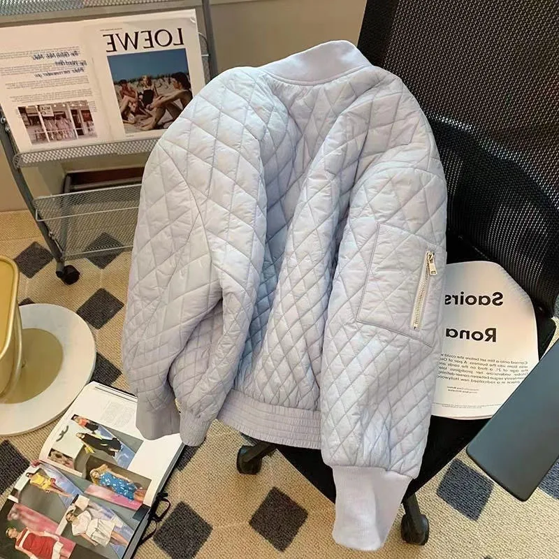 White Rhomb Cotton-Padded Padded Women Spring and Autumn 2022 New Niche Temperament All Go with Loose and Thick Baseball Jacket