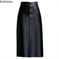 kohuijoo black long leather skirt women autumn winter 2022 vintage high waist slim mid calf single breasted formal skirts casual