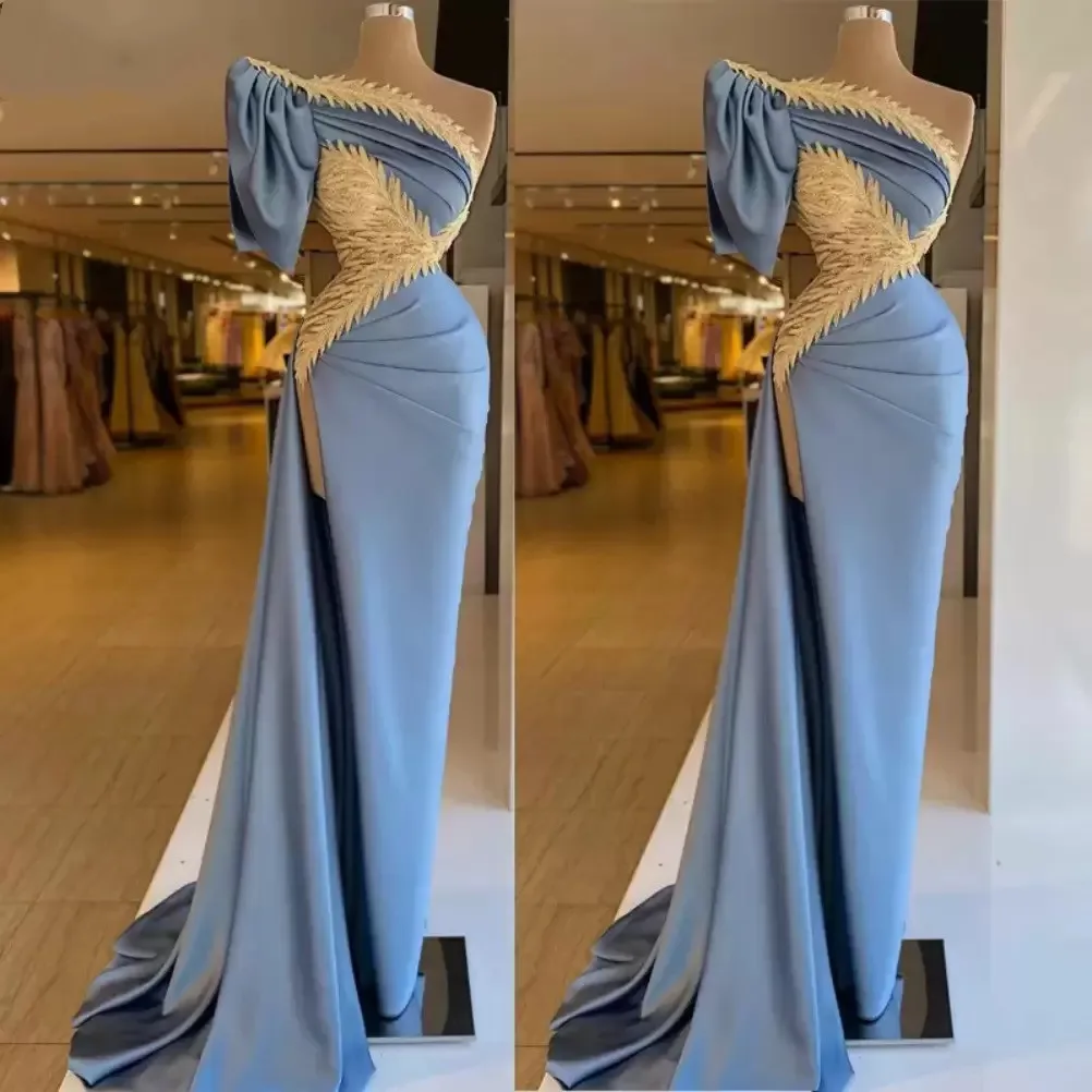 

Женское атласное платье с юбкой-годе, синее вечернее платье до пола с одним рукавом, аппликацией и блестками, платье невесты с разрезом сбок...