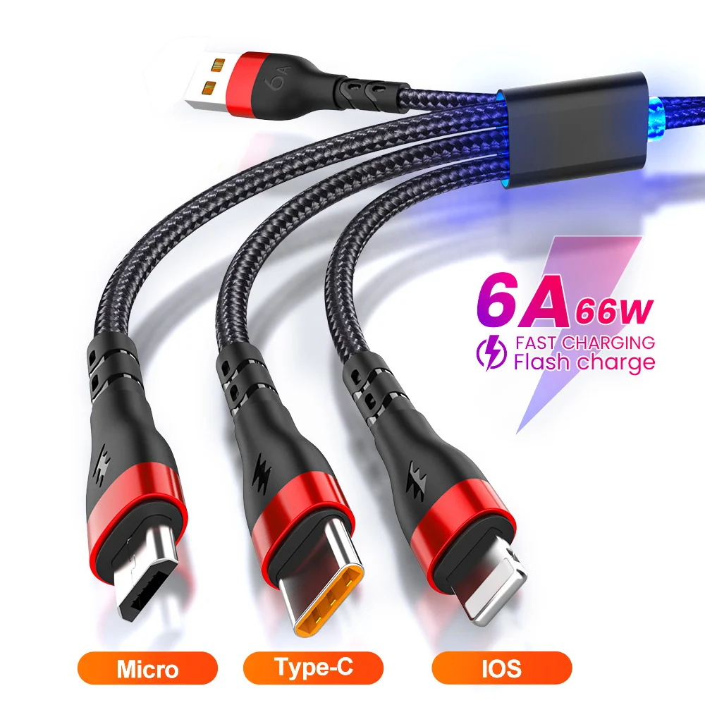 

6A 3in1 USB Cable Fast Charger Charging Cable For IPhone 14 13 12 Pro Max Type C/Xiaomi 11/Huawei P40/Samsung S20 Charger Cable