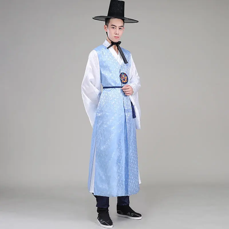 

Korean Traditional Hanbok Court Costume Hot Silver Men Married Korean National Performance Stage Costumes