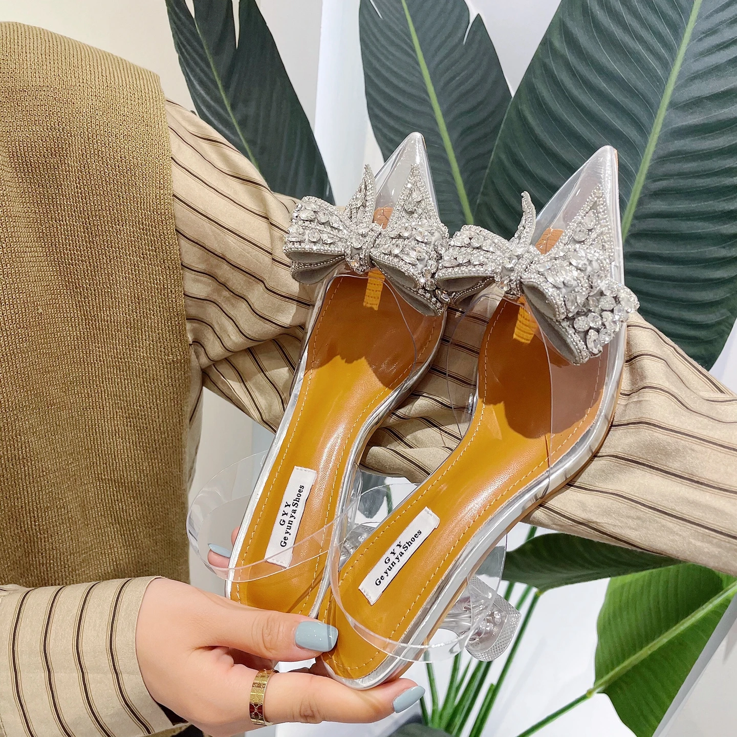 

Xibeilove 2023 Summer New Women's Fashion Pointed Transparent PVC Bowknot Rhinestone High Heel Sandals