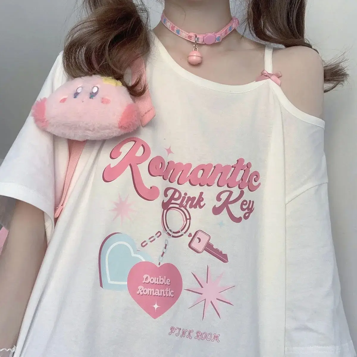 

Summer New Y2k Strapless Sexy Printed Kawaii Student Short Sleeve T Shirt Women's Loose Ins Top Clothing Graphic T Shirts