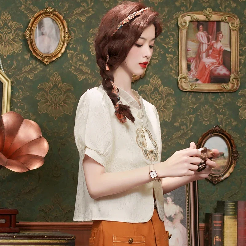 Женская шифоновая блузка с коротким рукавом и оборками вышивкой кисточками