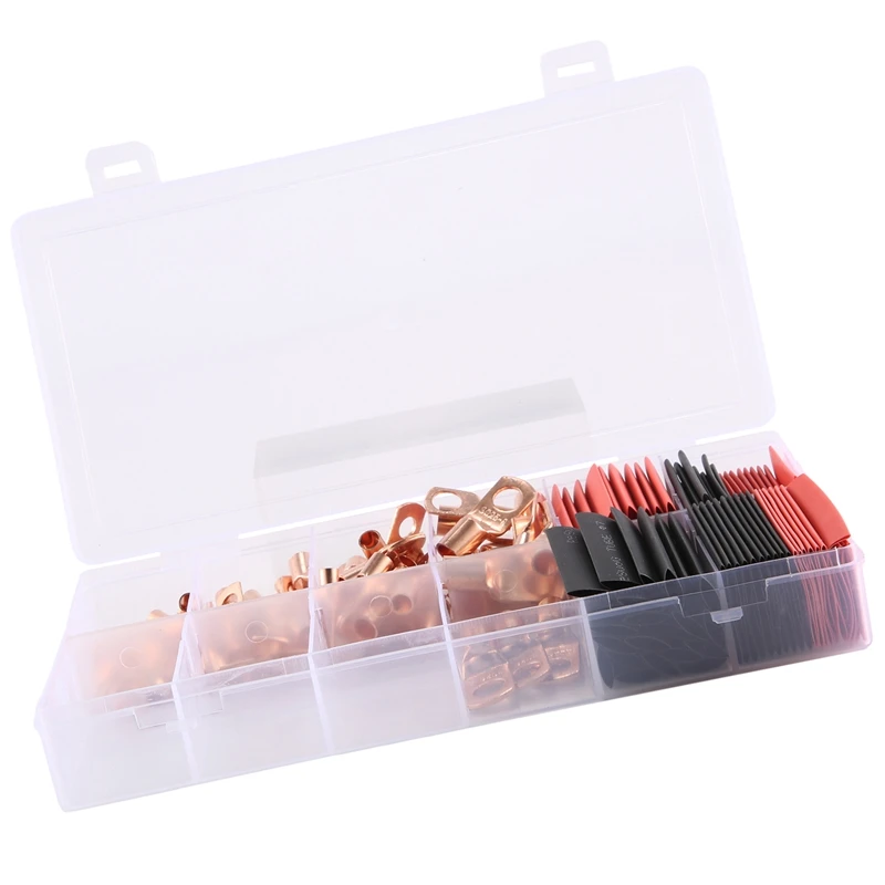 

150 Pcs Copper Wire Terminal Connectors, AWG 2 4 6 8 10 12 Ring Lug Kit With 70 Pcs Heat Shrink 80Pcs Battery Cable Lugs