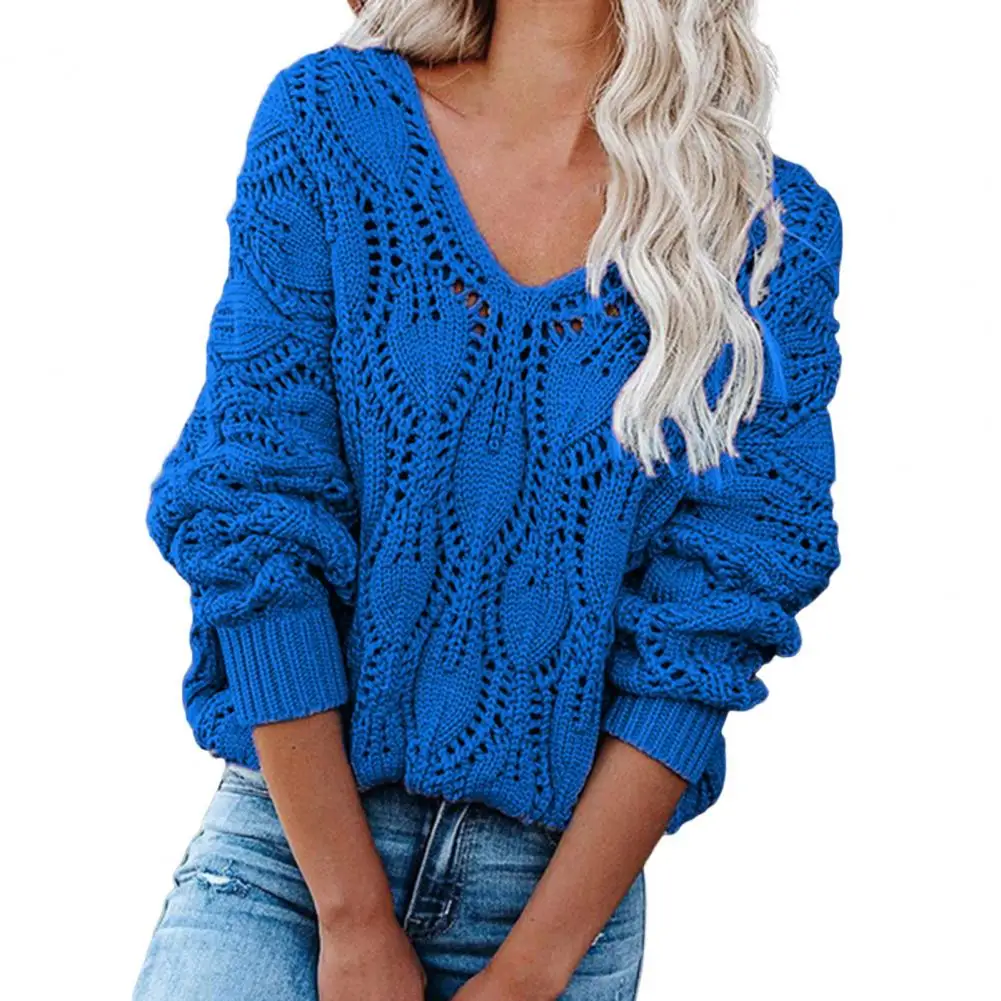 

Женский Однотонный свитер с вырезами, свободный трикотажный пуловер с V-образным вырезом и длинными рукавами, уличная одежда на осень и зиму