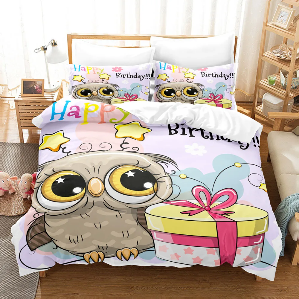 

Hot Sale Bed Linens 2/3pcs 3D Digital Cartoon Owls Printing Duvet Cover Sets 1 Quilt Cover + 1/2 Pillowcases US/EU/AU Size