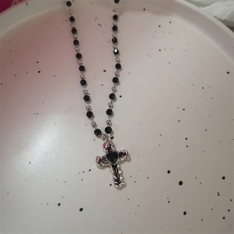 Милое ожерелье с черным котом черно-розовым крестом и бисером для женщин девочек