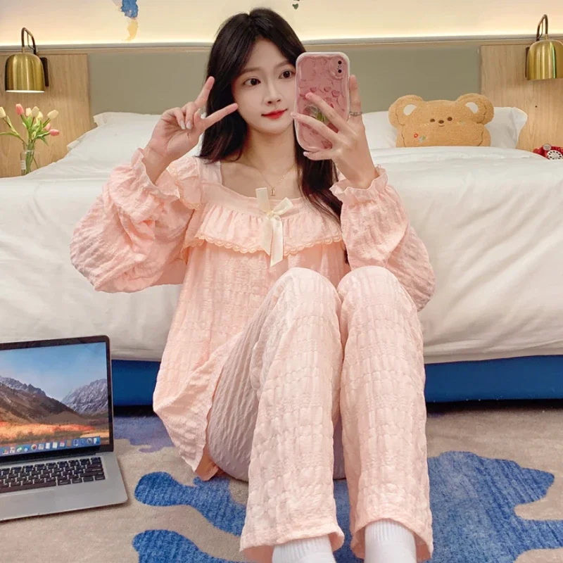 Женские пижамы с расклешенными рукавами милый дизайн бантом нежная мягкая