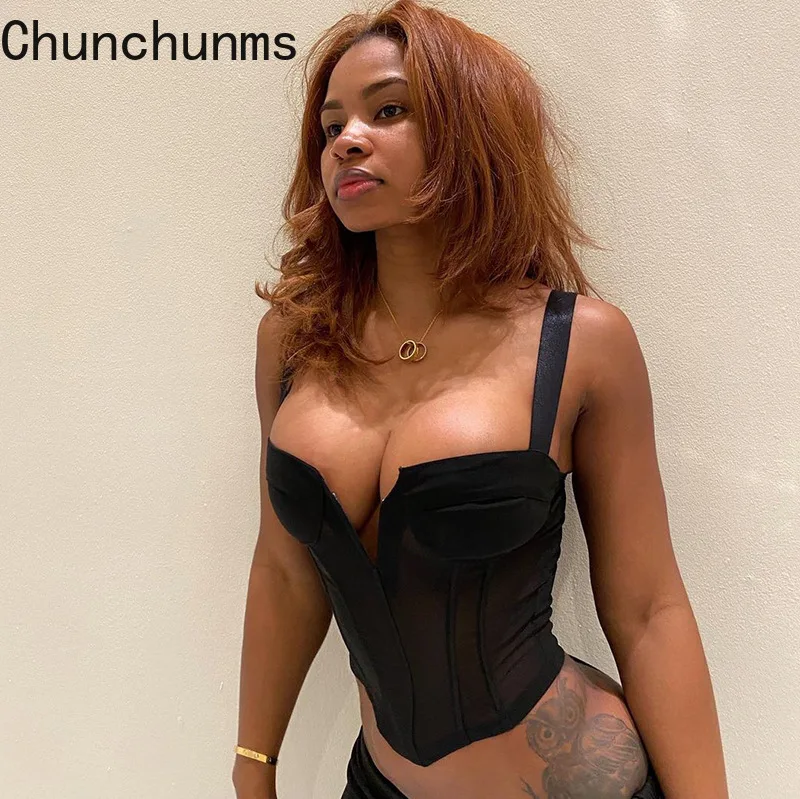 

Summer Black Mesh See Through Tank Top V-neck Backless Zipper T-shirt Women Cartilage Corset Camisole Elegant Office OL Tops Y2K