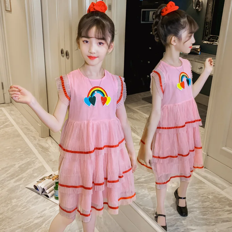 

Girl Dress Spring Summer Short Sleeve Mesh Casual Pleated Skirt Chiffon Lotus Leaf Sleeve Princess Dress 2022 Cake Skirt Clothes