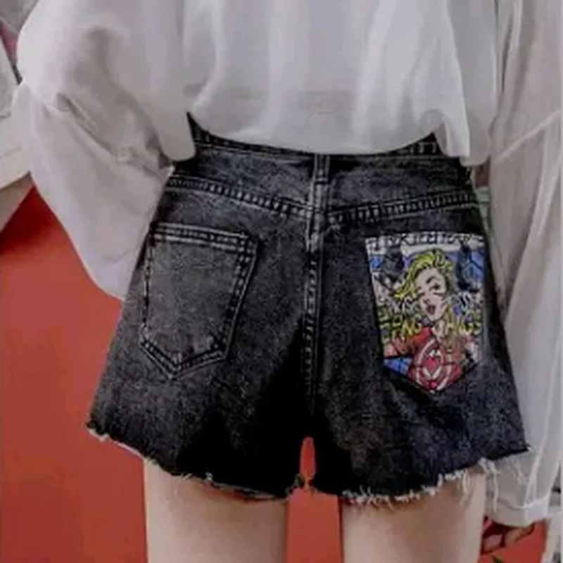 Street Clothing Cartoon Portrait Pocket Print Asymmetric High Waist Shorts Jeans 2021 Fashion Summer Korean Denim Shorts Ladies