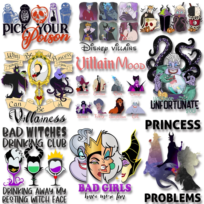 Disney Villains Wine Glass Anti Princess Iron On Transfer Patches for Clothing DIY T-shirt Fusible Patch Stickers on Fabric