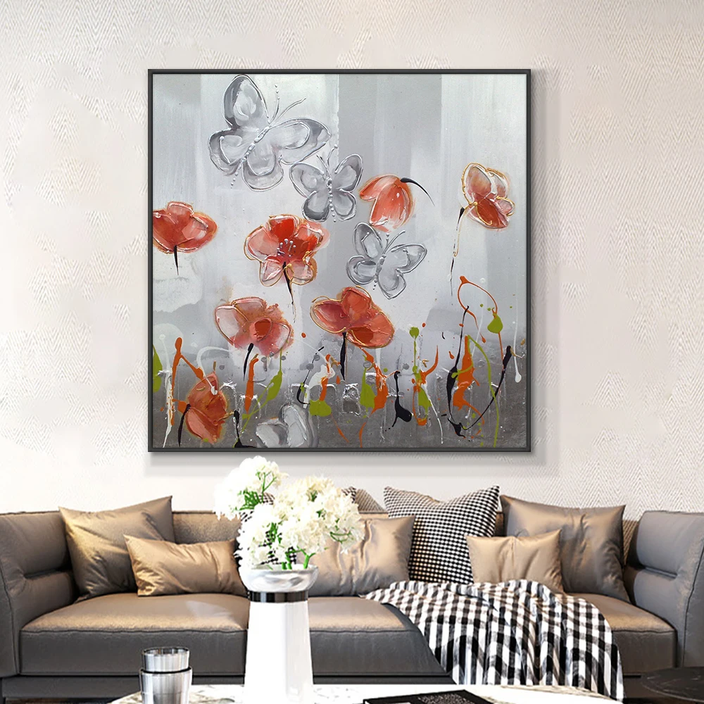 

Hand Painted Oil Painting Abstract On Canvas Flowers With Butterfly No Framed Decorative Wall Art For Living Room