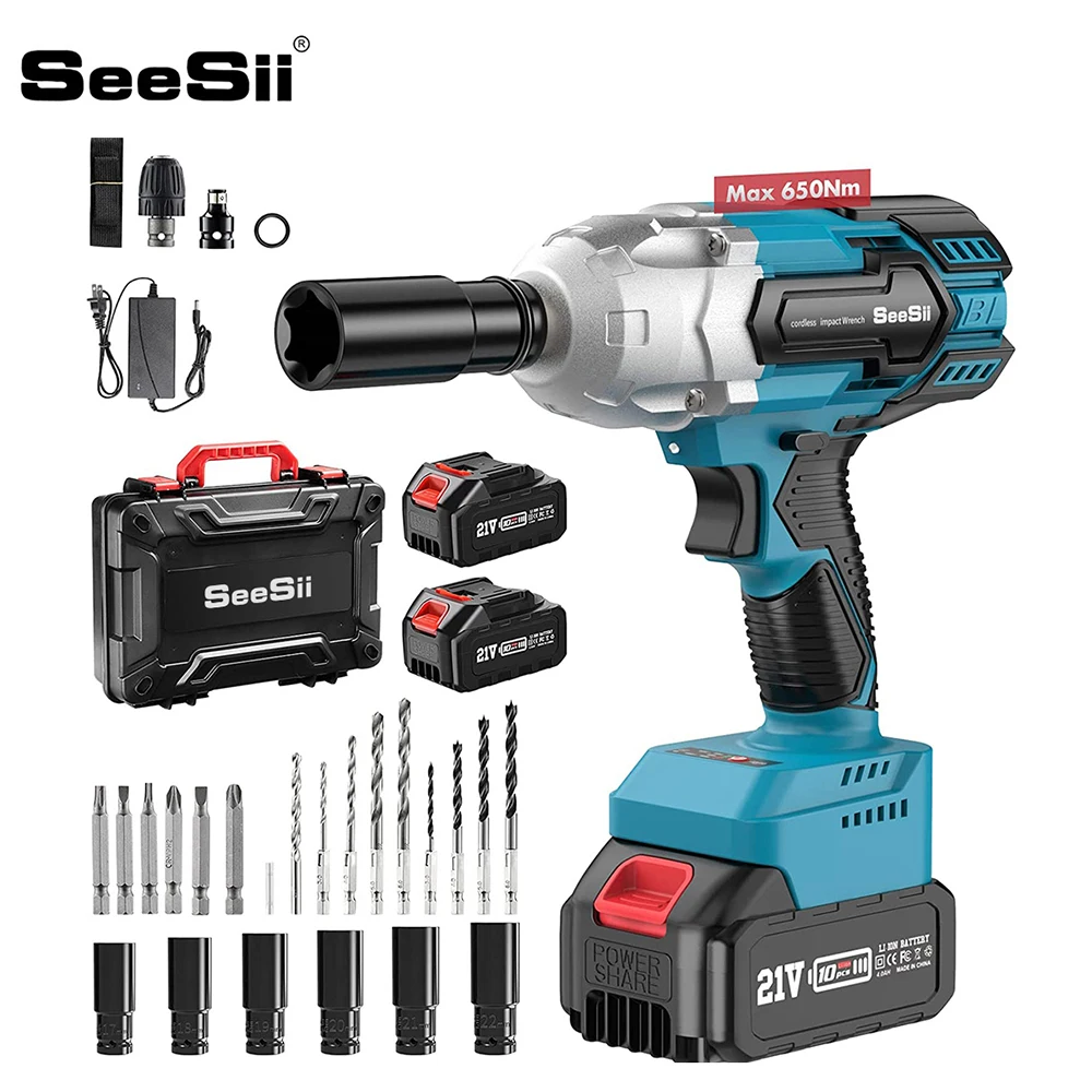 

SEESII 21V MAX Cordless Brushless Wrench 650N.m High Torque Electric Impact Wrench Power Tools with 2 pcs 4.0AH Battery Pack