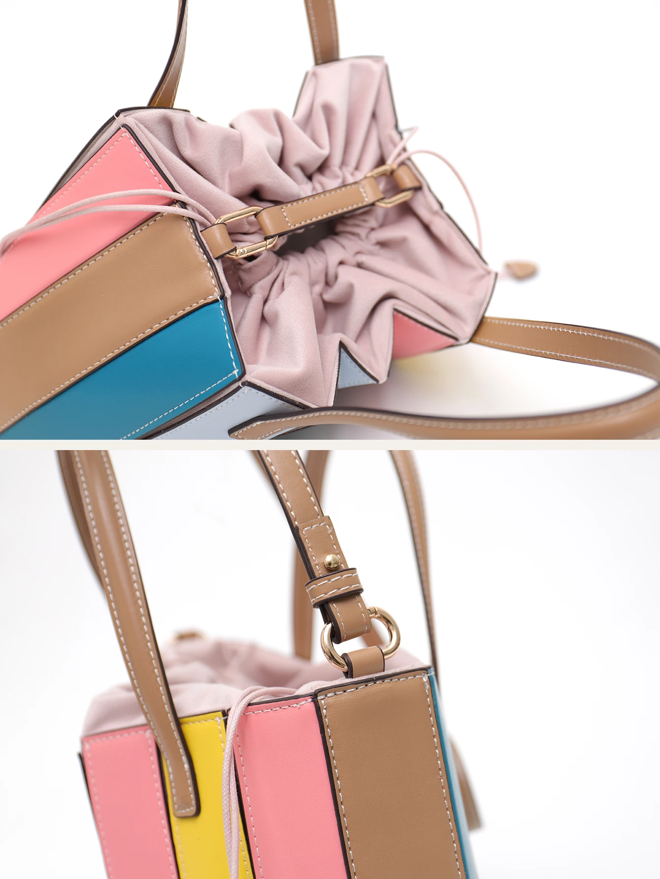 CEZIRA MultiColor Patchwork Design PU Vegan Leather Handbags Women Fashion Chic Top-handle Bucket Bags Cross body Shoulder Purse