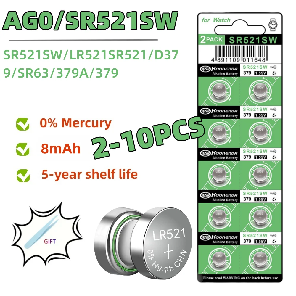 Фото 2-10 шт. AG0 LR521 1,5 В таблеточные батарейки SR521SW 379A 379 179 D379 SR63 щелочные таблеточные батарейки для калькуляторов игрушек №1